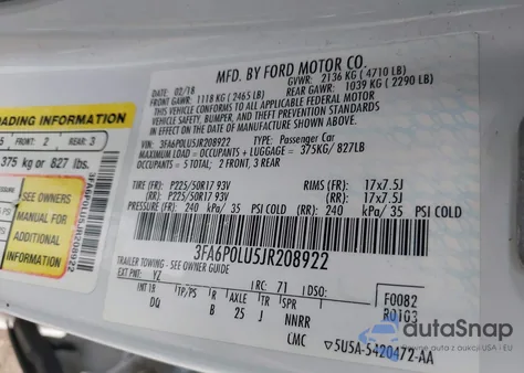 2018 Ford Fusion Hybrid Se from USA, damaged, VIN 3FA6P0LU5JR208922